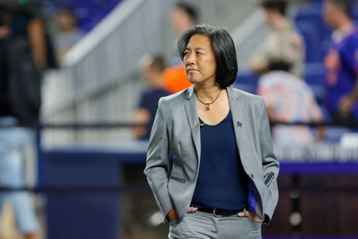 Mar 30, 2023; Miami, Florida, USA; Miami Marlins general manager Kim Ng looks on from the field prior to the game against the New York Mets at loanDepot Park. Mandatory Credit: Sam Navarro-USA TODAY Sports